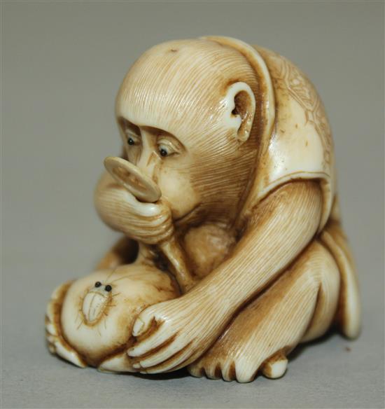 A Japanese ivory netsuke of a monkey viewing an insect through a magnifying glass, signed Masatami, Edo period, 3.6cm